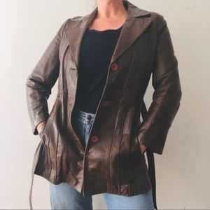 Vintage Belted Leather Jacket Brown Trench Faux Fur Details Size 10 70s Collar